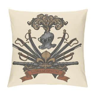 Personality  Vector Heraldic Coat Of Arms With Knightly Helmet, Spears, Sabers, Swords, Cannons, Ribbon And And Fleur De Lis. A Medieval Heraldry, Emblem, Sign, Symbol. Hand-drawn Illustration In Vintage Style Pillow Covers
