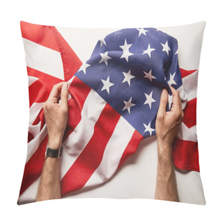 Personality  Cropped View Of Man Holding Crumpled American Flag On White Background  Pillow Covers