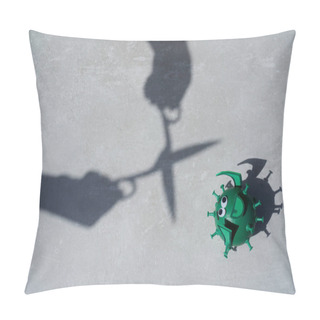 Personality  Conceptual Aerial Photo Of A Shadow Of A Pair Of Scissors Going To Cut A Toy Green Virus On A Grey Background. Pillow Covers