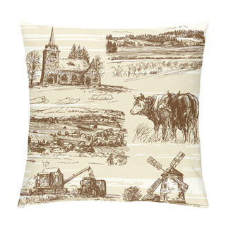 Personality  Farm, Cows, Harvest, Rural Landscape - Hand Drawn Set Pillow Covers
