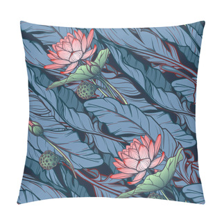 Personality  Lotus Background. Floral Seamless Pattern With Water Lilies And Banana Leaves On Deep Blue Background. Diagonal Rhythm. Pillow Covers