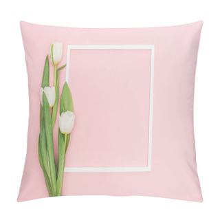 Personality  Empty Frame With White Tulip Flowers Isolated On Pink Pillow Covers
