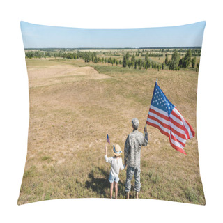 Personality  Back View Of Military Father And Patriotic Kid Holding American Flags  Pillow Covers