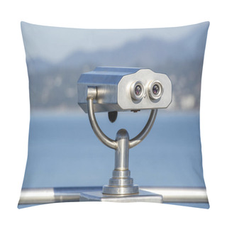 Personality  Public Binocular On Sea Shore, Close Up. Coin Operated Binocular Viewer On Blurred Background Of Sunset And Sea. Batumi, Georgia Pillow Covers