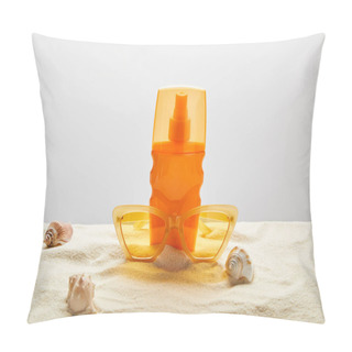 Personality  Yellow Stylish Sunglasses And Sunscreen In Orange Bottle On Sand With Seashells On Grey Background Pillow Covers