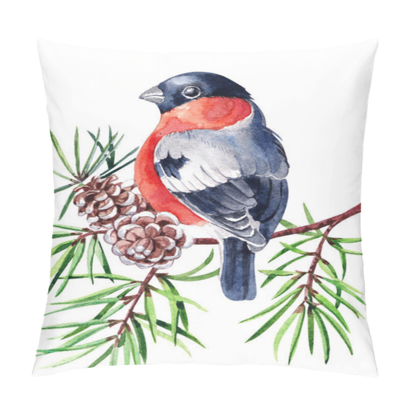 Personality  Watercolor Christmas Card With Bullfinch And Winter Design. Hand Painted Bird With Pine Cones, Red Bow, Berries, Fir Branch Isolated On White Background. Holiday Symbol For Design, Print Pillow Covers