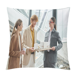 Personality  Three Cheerful Coworkers Holding Scale Model And Tea Cup While Doing Their Job, Design Bureau Pillow Covers