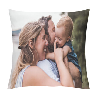 Personality  A Young Family With A Toddler Girl Outdoors By The River In Summer. Pillow Covers