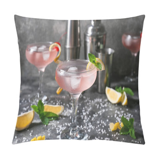 Personality  Glasses Of Tasty Cosmopolitan Cocktail, Slices Of Lemon, Mint And Sea Salt On Dark Background Pillow Covers