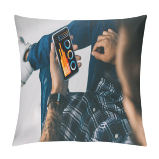 Personality  Cropped View Of Man Using Smartphone With Charts And Graphs Pillow Covers