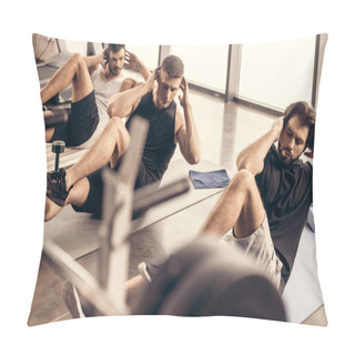 Personality  Handsome Sportive Friends Doing Sit Ups Together In Gym Pillow Covers