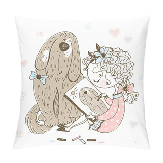 Personality  Cute Girl Draws Her Pet Big Dog. Vector. Pillow Covers