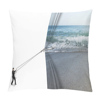 Personality  Businessman Pulling Open Sea Sandy Beach Curtain Covered Blank W Pillow Covers