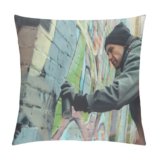 Personality  Male Street Artist Painting Colorful Graffiti On Wall Pillow Covers