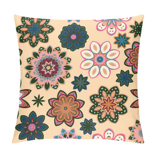 Personality  Seamless Flower Retro Pattern In Vector. Green Pink Flowers On Beige Background. Pillow Covers