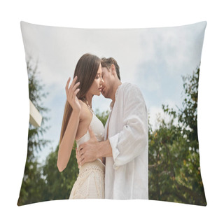 Personality  Passionate Man Embracing Pretty Woman In White Beach Wear On Luxury Resort During Vacation Pillow Covers