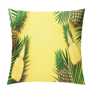 Personality  Pineapples And Tropical Palm Leaves On Punchy Pastel Yellow Background. Summer Concept. Creative Flat Lay With Copy Space. Top View Pillow Covers