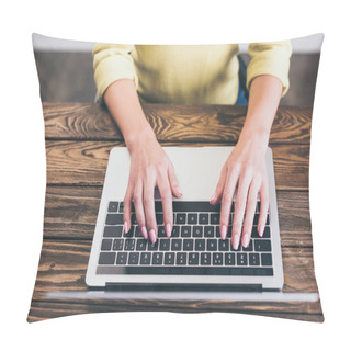 Personality  Cropped View Of Female Writer Typing On Laptop At Home Pillow Covers