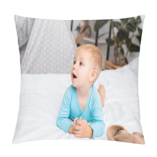 Personality  Cute Child In Blue Bodysuit Lying On Stomach In Bed Pillow Covers