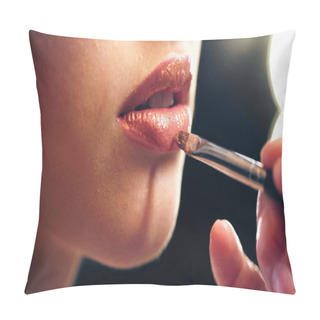 Personality  Cropped View Of Makeup Artist Applying Lip Gloss On Lips Of Model Pillow Covers