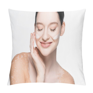 Personality  Smiling Young Beautiful Woman With Vitiligo And Facial Cream On Cheeks Isolated On White Pillow Covers