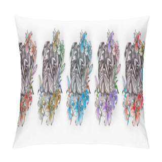 Personality  Set Of Sketches Of Multicolored Pug In Flowers On A White Background. Pillow Covers