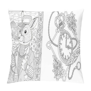 Personality  Coloring Pages. Rabbit Man With Vintage Clock On Chain. Line Art Design For Adult Colouring Book With Doodle And Zentangle Elements. Vector Illustration. Pillow Covers