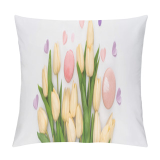 Personality  Top View Of Tulips, Pink Macarons And Violet Hearts Isolated On White, Panoramic Shot Pillow Covers