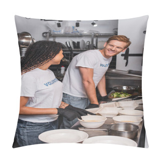 Personality  Happy Interracial Volunteers In T-shirts With Lettering Near Plastic Containers In Kitchen Pillow Covers