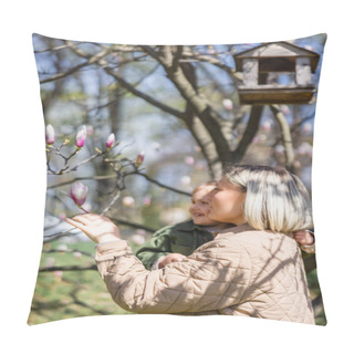 Personality  Happy Mother And Daughter Looking At Blossoming Magnolia Tree In Park Pillow Covers