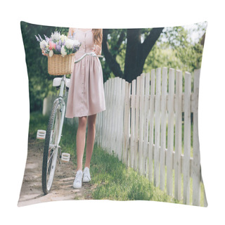 Personality  Partial View Of Woman In Dress With Retro Bicycle With Wicker Basket Full Of Flowers At Countryside Pillow Covers