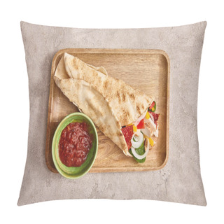 Personality  Top View Of Fresh Burrito With Chicken And Vegetables On Board Near Chili Sauce On Concrete Grey Background Pillow Covers
