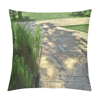 Personality  Garden Landscaping With Pavement From Tiled Limestone. Backyard Garden Shaded Footpath From Tiled Stone Slabs. Flagstone Walkway In The Garden. Shady Pathway From Stone Tiles In The Park. Pillow Covers