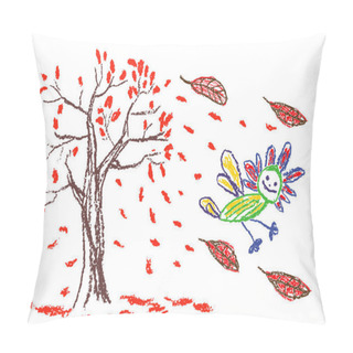 Personality  Happy Smiling Crazy Fantastic Doodle Bird Or Insect And Autumn Tree Falling Leaves. Cute Flying Monster. Crayon Kids Hand Drawn Fun Doodle. Cartoon Pastel Chalk, Pencil Simple Art Vector Kids Style Pillow Covers