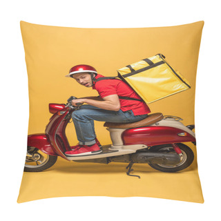 Personality  Side View Of Delivery Man With Backpack On Scooter On Yellow Background Pillow Covers