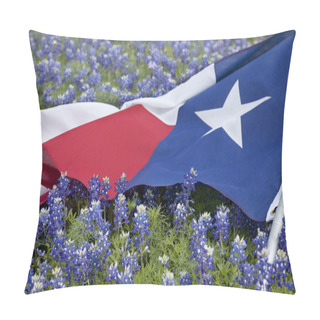 Personality  Texas Flag Among Bluebonnet Flowers On Bright Spring Day Pillow Covers