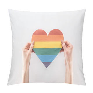 Personality  Cropped View Of Female Hands With Rainbow Colored Paper Heart Isolated On Grey, Lgbt Concept Pillow Covers
