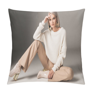 Personality  Attractive Fashionable Woman Posing In White Trendy Sweater, Beige Pants And Autumn Heels, On Grey  Pillow Covers