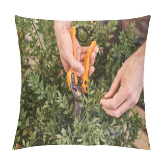 Personality  Cropped Gardener In Linen Apron Cutting Branch On Bush With Gardening Scissors In Greenhouse Pillow Covers