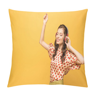 Personality  Cheerful Young Woman In Wireless Headphones Dancing With Closed Eyes Isolated On Yellow Pillow Covers