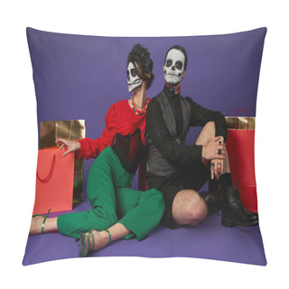 Personality  Stylish Couple In Dia De Los Muertos Skull Makeup Sitting Near Shopping Bags On Blue, Full Length Pillow Covers