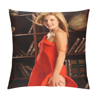 Personality  Playful Strawberry Blonde Model In Red Dress Pillow Covers