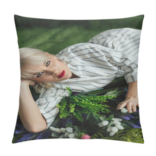 Personality  Beautiful Stylish Girl Looking At Camera While Lying On Artificial Grass With Fern And Flowers Pillow Covers