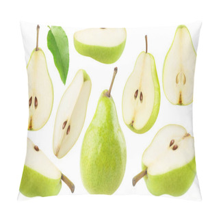 Personality  Isolated Cut Green Pear Fruits. Collection Of Green Pear Pieces Of Different Shapes Isolated On White Background Pillow Covers
