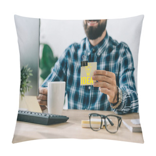 Personality  Cropped Shot Of Successful Businessman Holding Sticky Note With Light Bulb Idea Pillow Covers