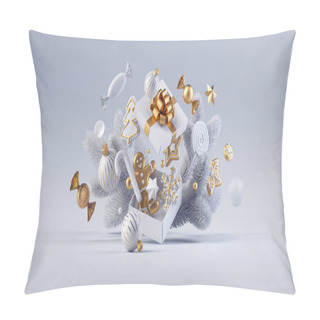Personality  3d Render, White And Gold Christmas Ornaments, Candies And Sweets Falling Out The Open Gift Box. Holiday Background Pillow Covers