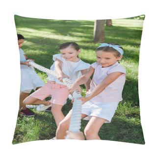 Personality  Selective Focus Of Happy Multicultural Children Competing In Tug Of War  Pillow Covers