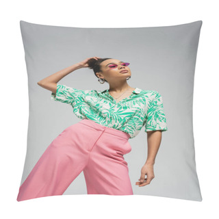 Personality  Young African American Fashion Model In Trendy Attire And Pink Sunglasses Posing On Grey Backdrop Pillow Covers