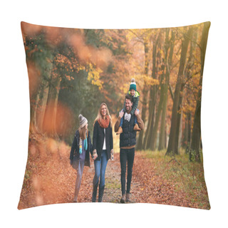 Personality  Family Walking Along Autumn Woodland Path With Father Carrying Son On Shoulders Pillow Covers