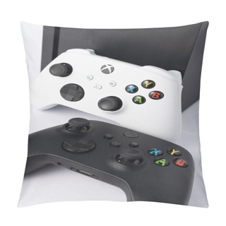 Personality  Ivano-Frankivsk, Ukraine August 14, 2022: Gamepad And Console On A White Background, Black And White Gamepads, Game Console From Microsoft. Pillow Covers